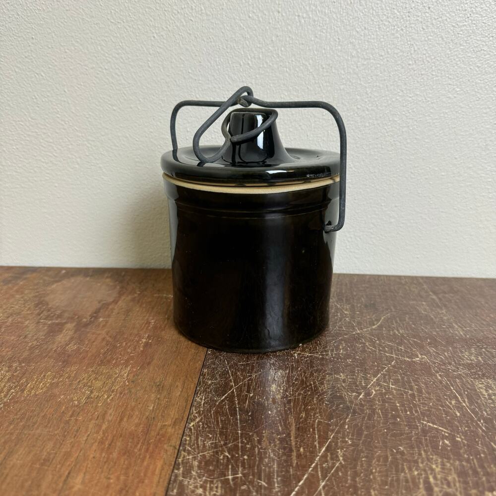Vintage Stoneware‎ Black Glaze Locking Lid Canister Crock